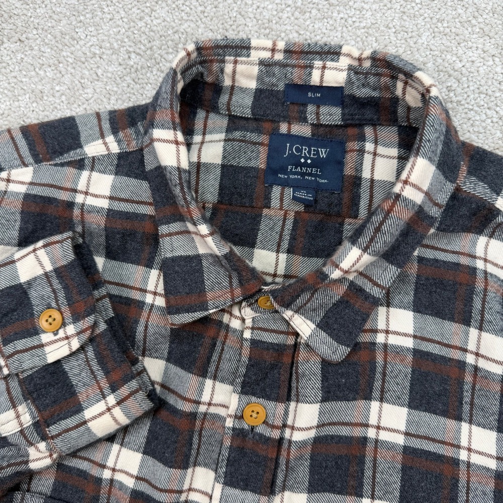 J.Crew Mens XL Flannel Shirt Grey Brown Plaid Slim Fit 92937 Casual Outdoor